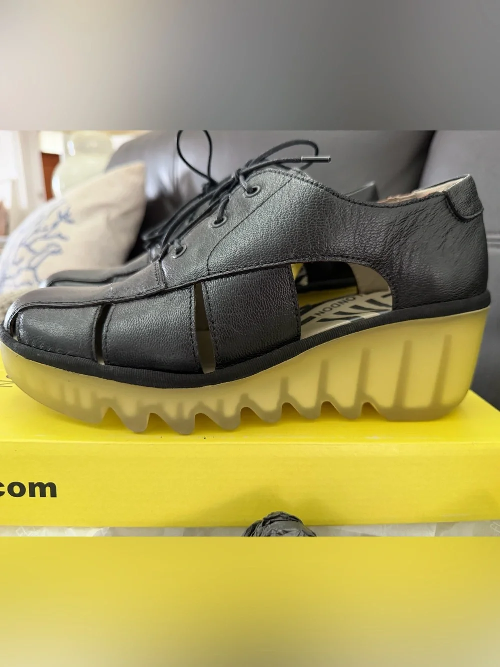 Fly London Black Leather Fisherman Sandal with Beige Rubber Wedge Sole